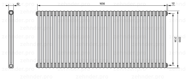 Схема (чертеж) Радиатор Zehnder Charleston 2220/36 №7610 Белый глянцевый RAL 9016